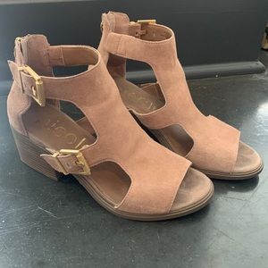 Blush open toe heeled booties with gold side buckle